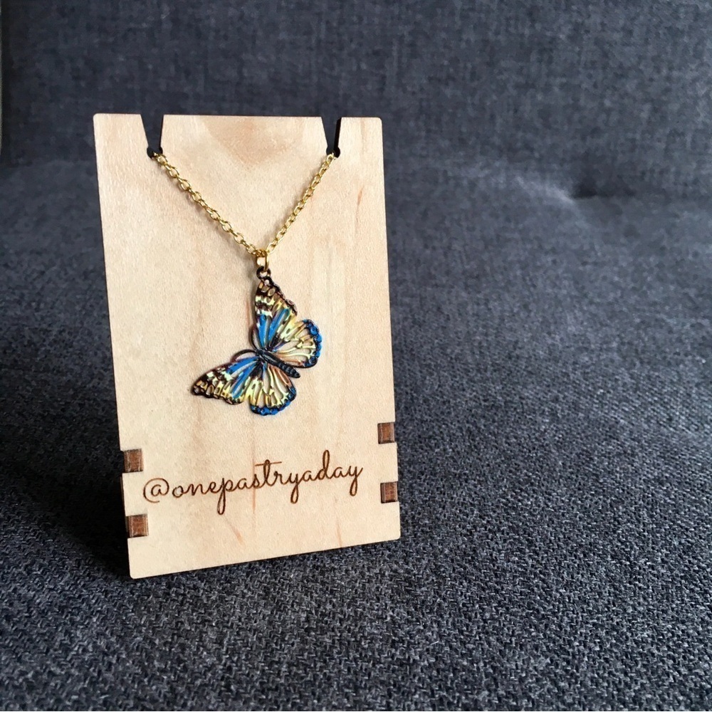 Colorful Filigree Butterfly Pendant Fashion Necklace, Blue, Yellow, 18 inches - Picture 3 of 17